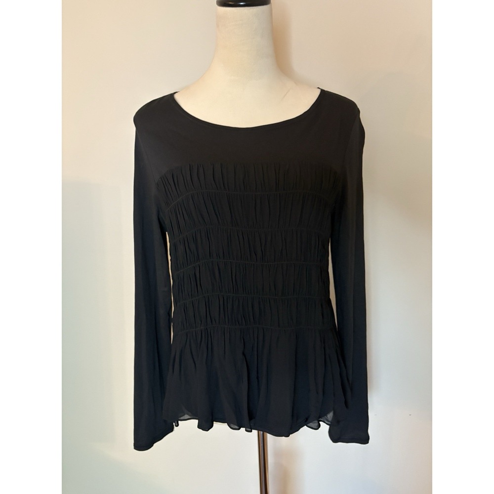 Sundance Black Long Sleeve Smocked Tiered Chiffon Peplum Blouse Top Women Medium